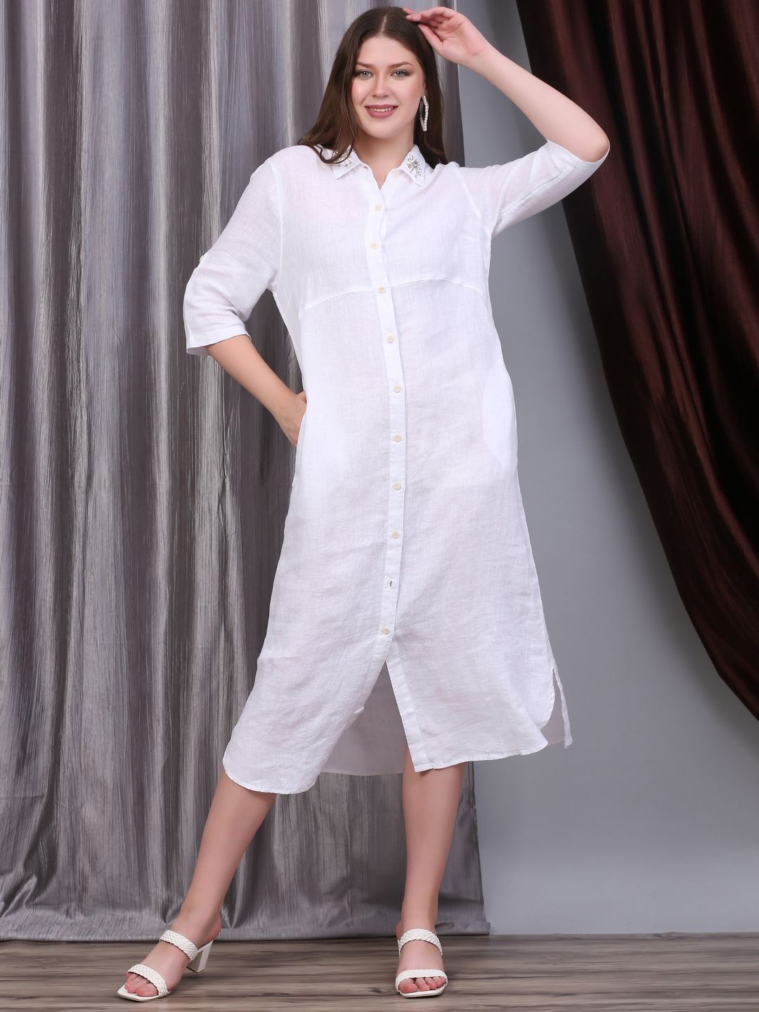 

ECO LEAS BY SHIPRA Embellished Linen Shirt Midi Dress, White