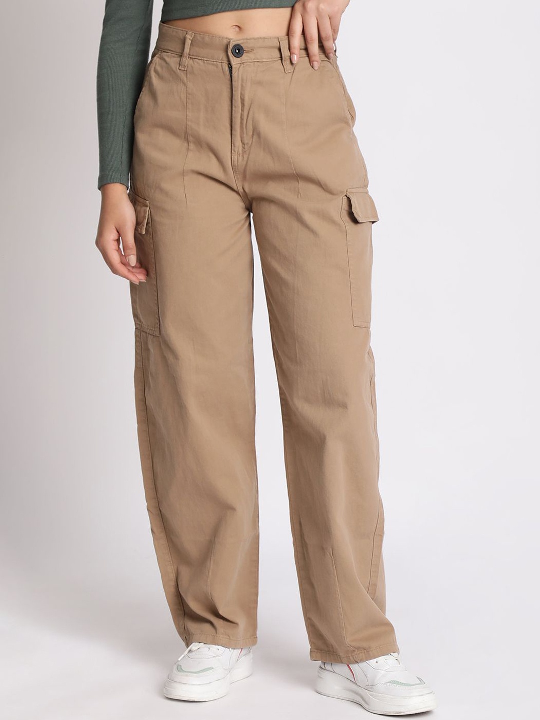 

The Roadster Lifestyle Co Cotton Loose-Fit Balloon Cargo Trousers, Beige