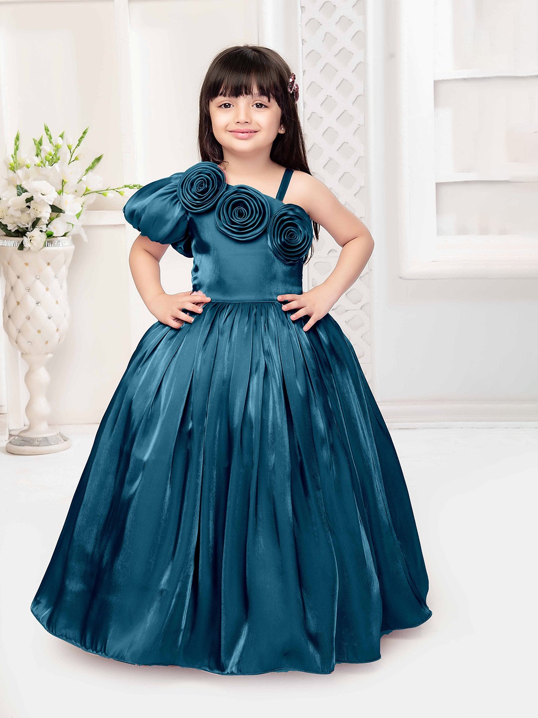 

SARDAR DRESSES One Shoulder Satin Maxi Dress, Teal