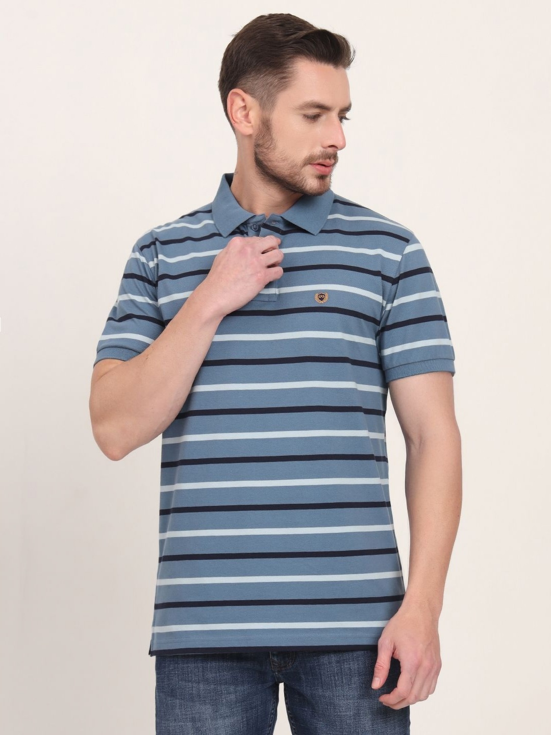 

JADE BLUE Men Striped Polo Collar Slim Fit T-shirt, Multi
