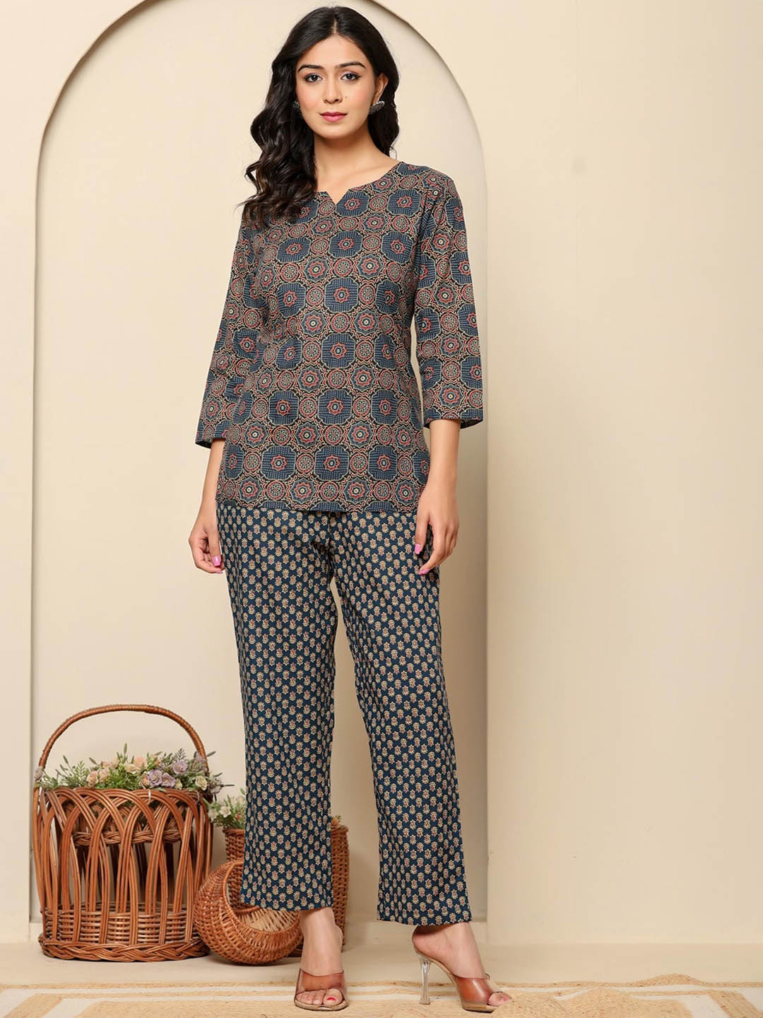 

Ragavi Printed Pure Cotton Round Neck Top With Trousers Co-Ords, Blue