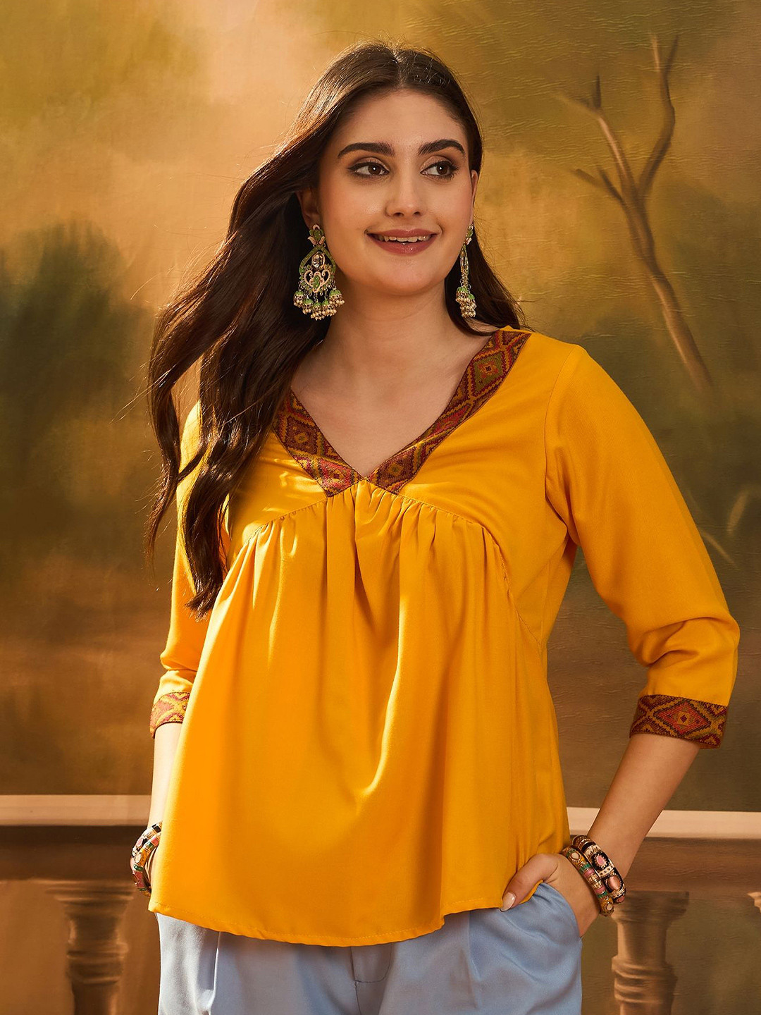 

Sangria Self Design V-Neck Top, Yellow