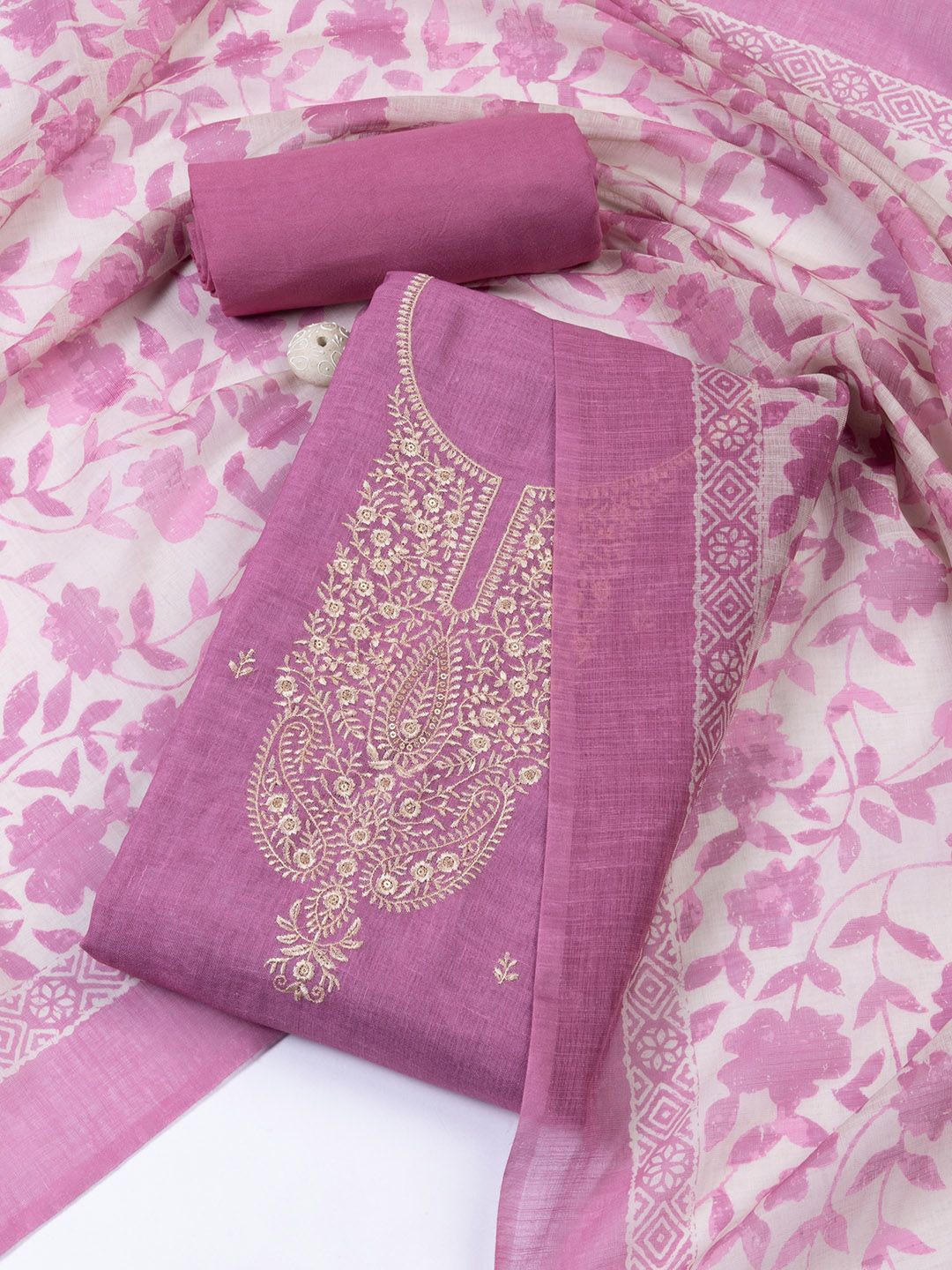 

Meena Bazaar Embroidered Linen Unstitched Dress Material, Pink