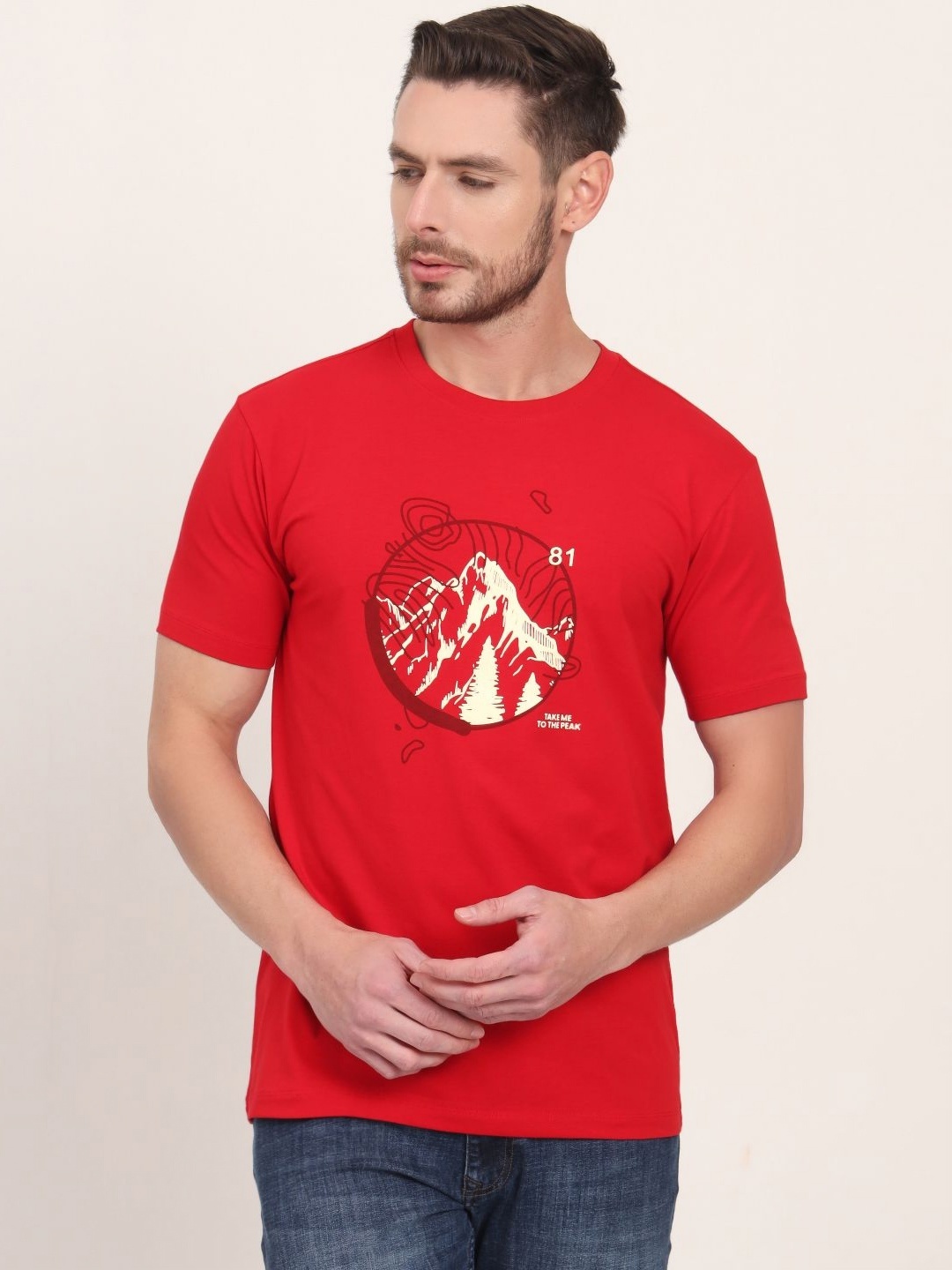 

JADE BLUE Men Printed Applique Slim Fit T-shirt, Red