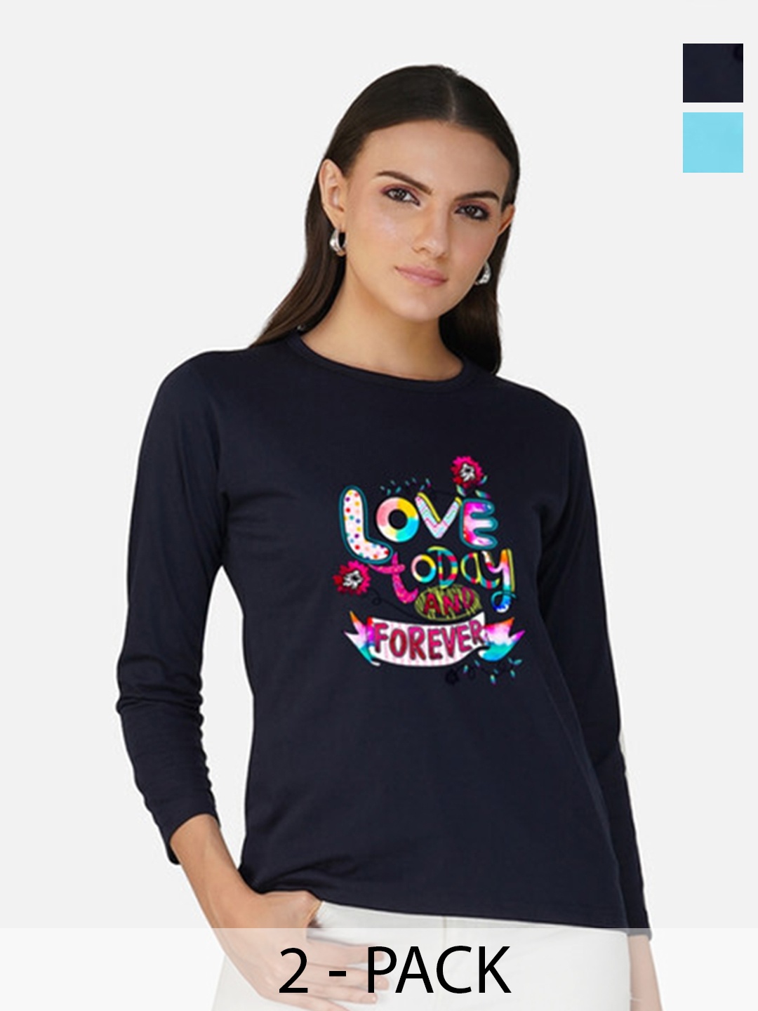 

Metronaut Women 2 Printed Bio Finish Applique T-shirt, Navy blue