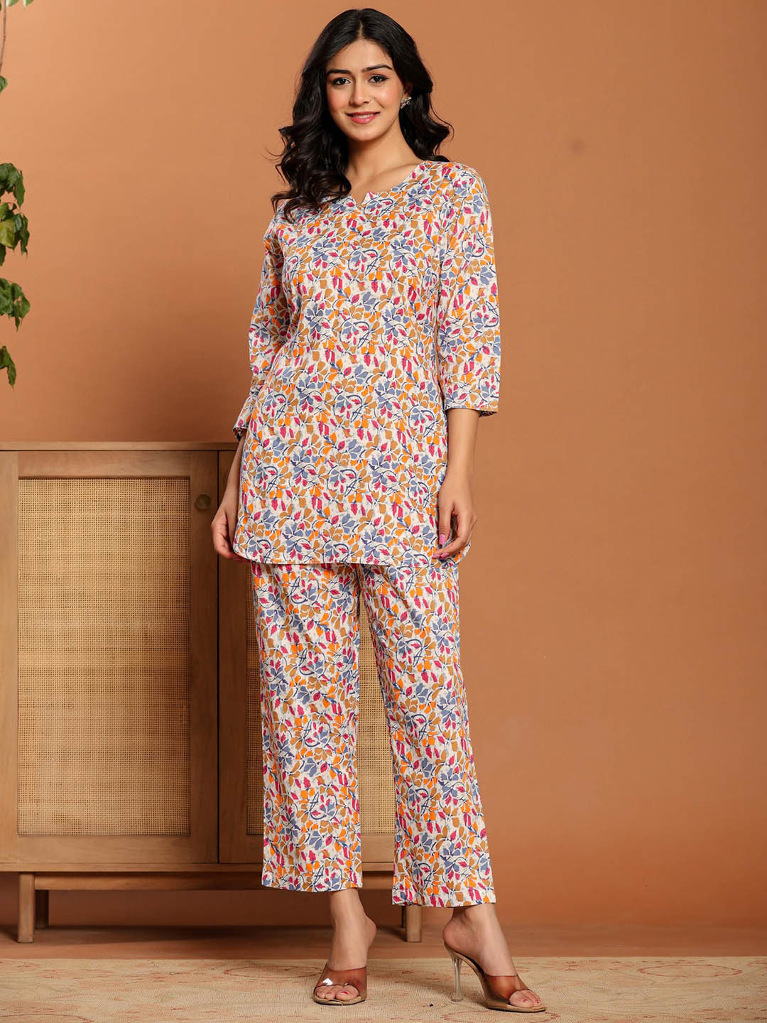 

Rouhab Printed Pure Cotton Top With Trouser Co-Ords, Blue