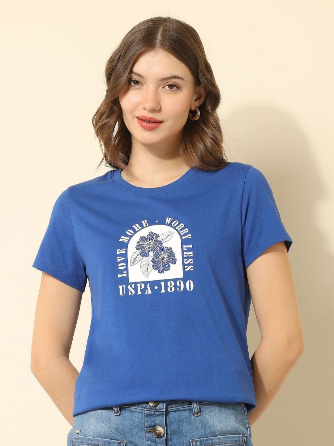 

U.S. Polo Assn. Women Women Brand Logo Printed Pure Cotton T-shirt, Blue