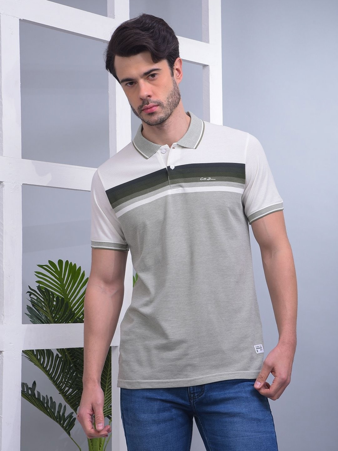 

COBB Men Striped Polo Collar Applique T-shirt, Green