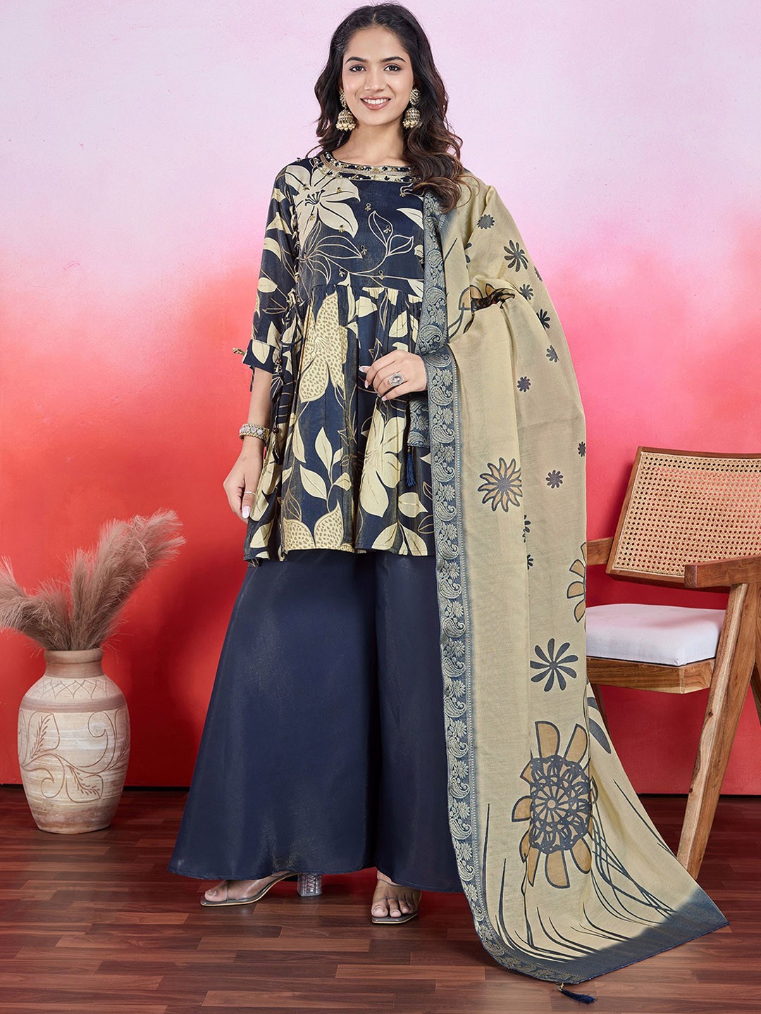 

MOJILAA Women Floral Printed Regular Beads and Stones Kurta with Palazzos & With Dupatta, Navy blue