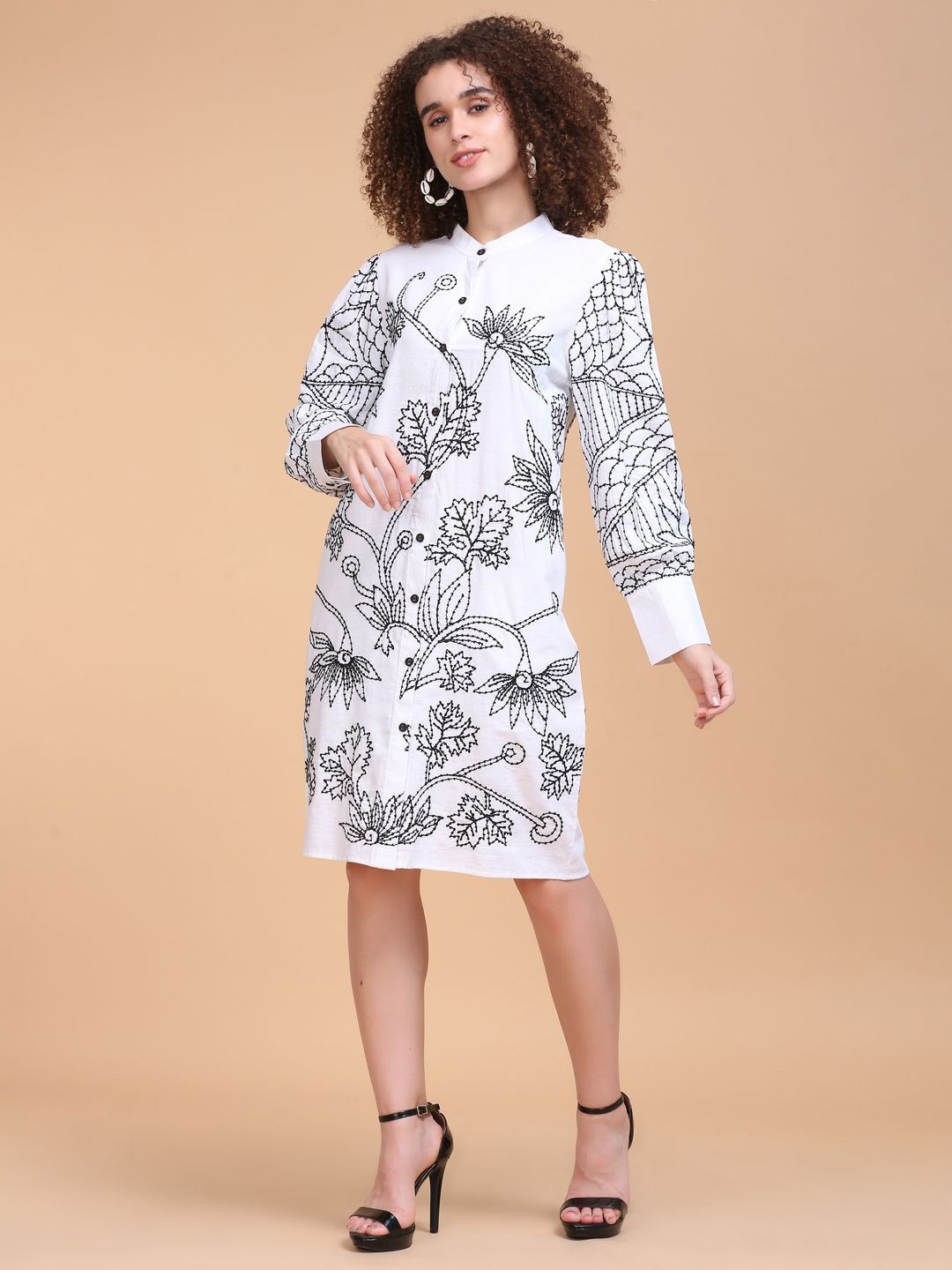 

ECO LEAS BY SHIPRA Embroidered Bishop Sleeve Linen Shirt Long Dress, White