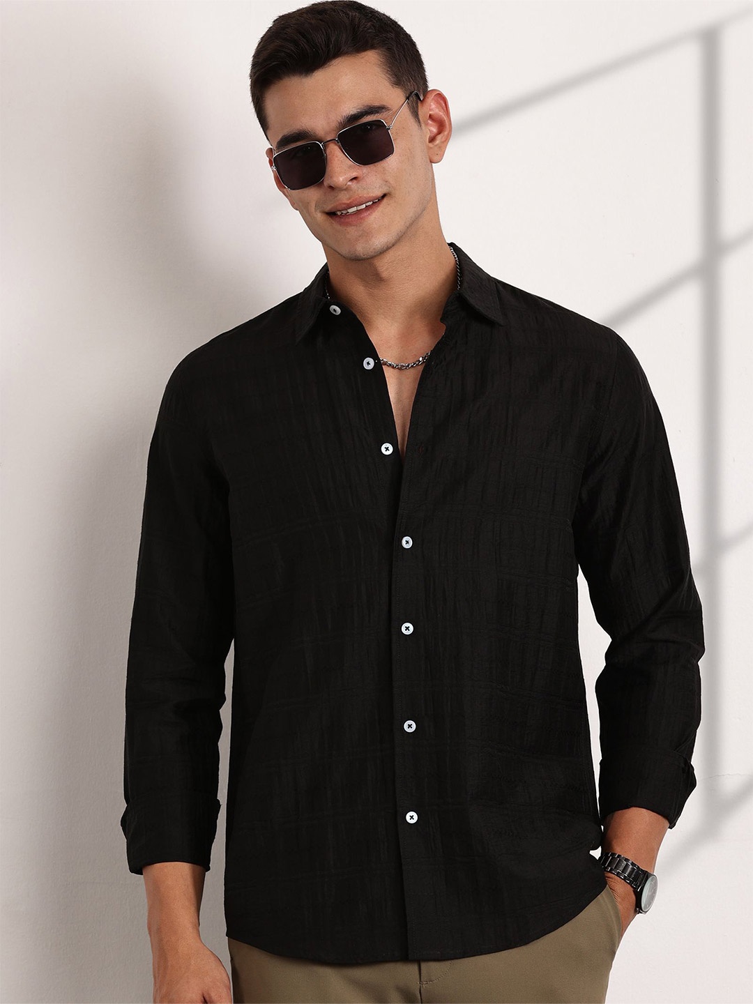 

Thomas Scott Men Classic Slim Fit Opaque Casual Shirt, Black