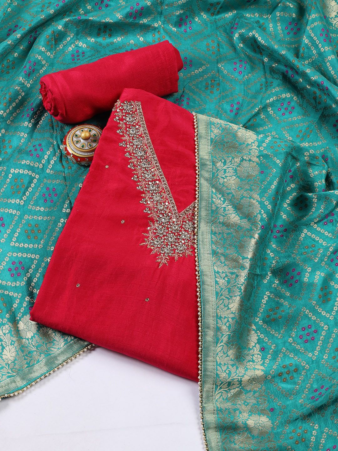 

Meena Bazaar Embroidered Art Silk Unstitched Dress Material, Pink