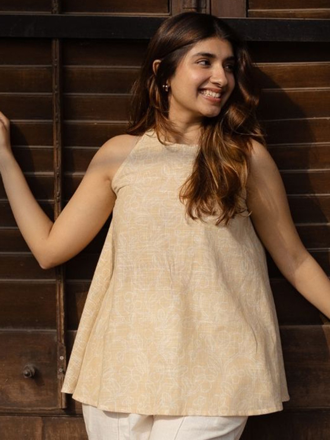 

THE INDIAN ETHNIC CO Floral Print Block Print Cotton Top, Cream