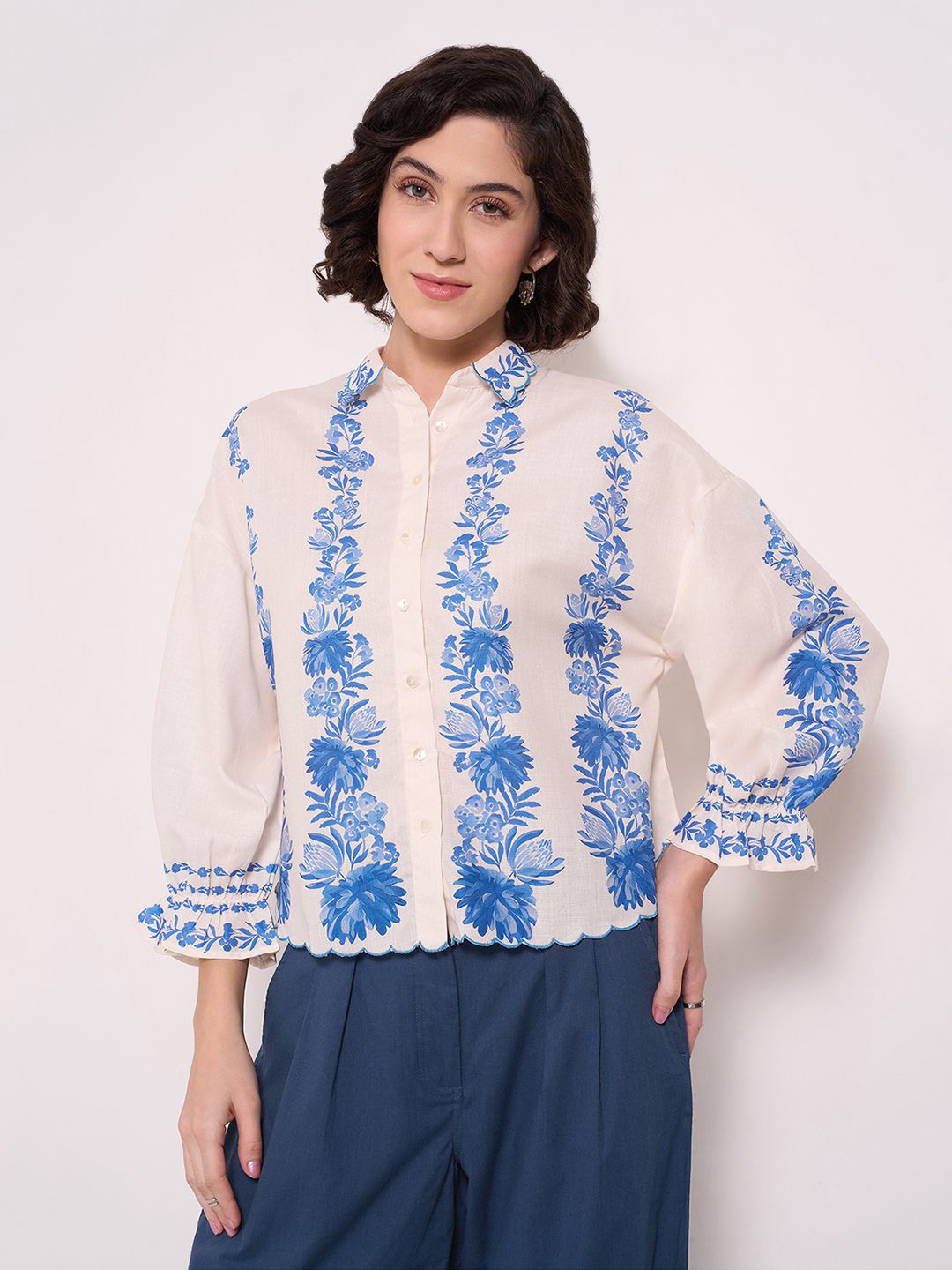 

AKKRITI BY PANTALOONS Print Shirt Style Top, Blue