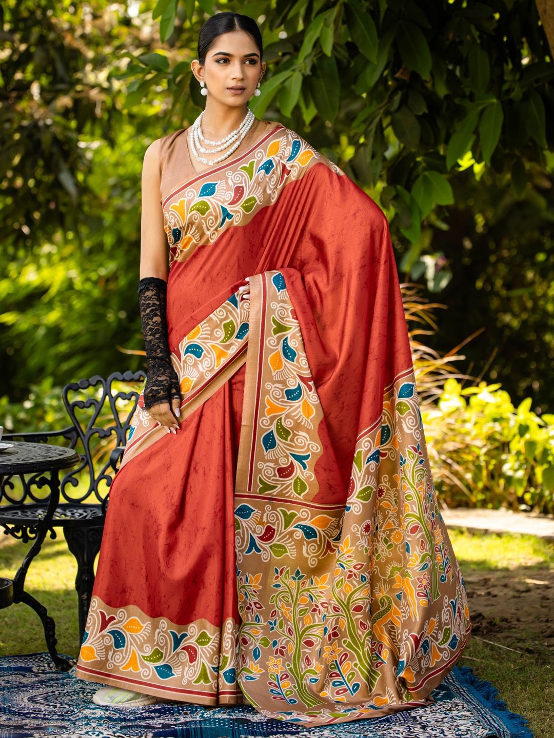 

KALINI Ethnic Motifs Block Print Saree, Rust