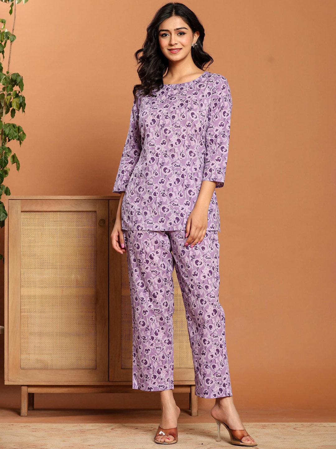 

Rouhab Printed Pure Cotton Round Neck Top With Trousers Co-Ords Set, Purple