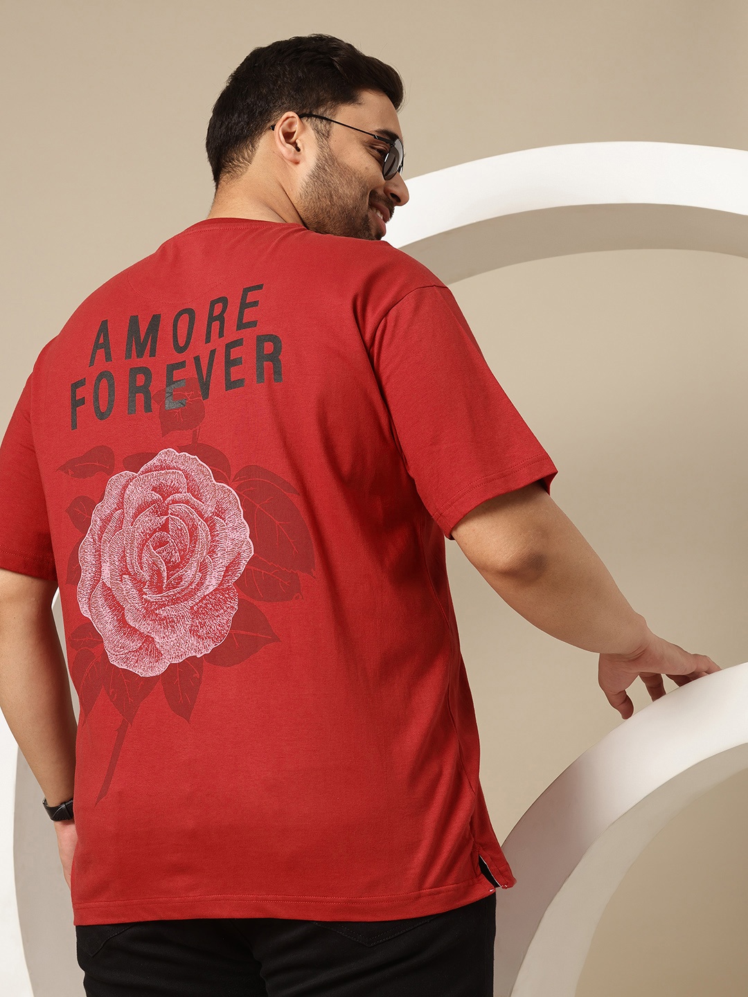 

Sztori Men Plus Size Printed Drop-Shoulder Sleeves Pure Cotton T-shirt, Red