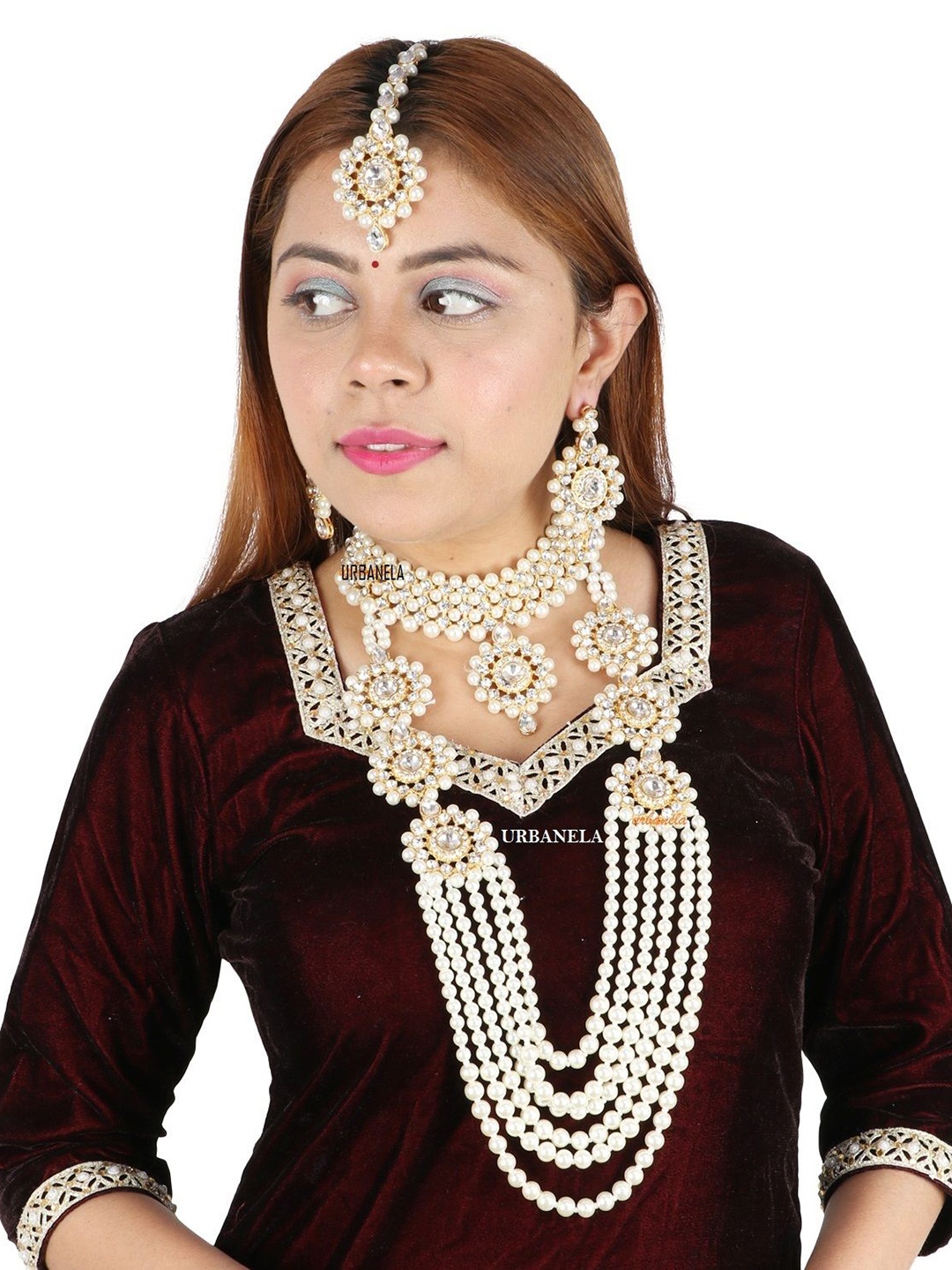 

URBANELA Gold-Plated Stone Studded & Beaded Layered Jewellery Set