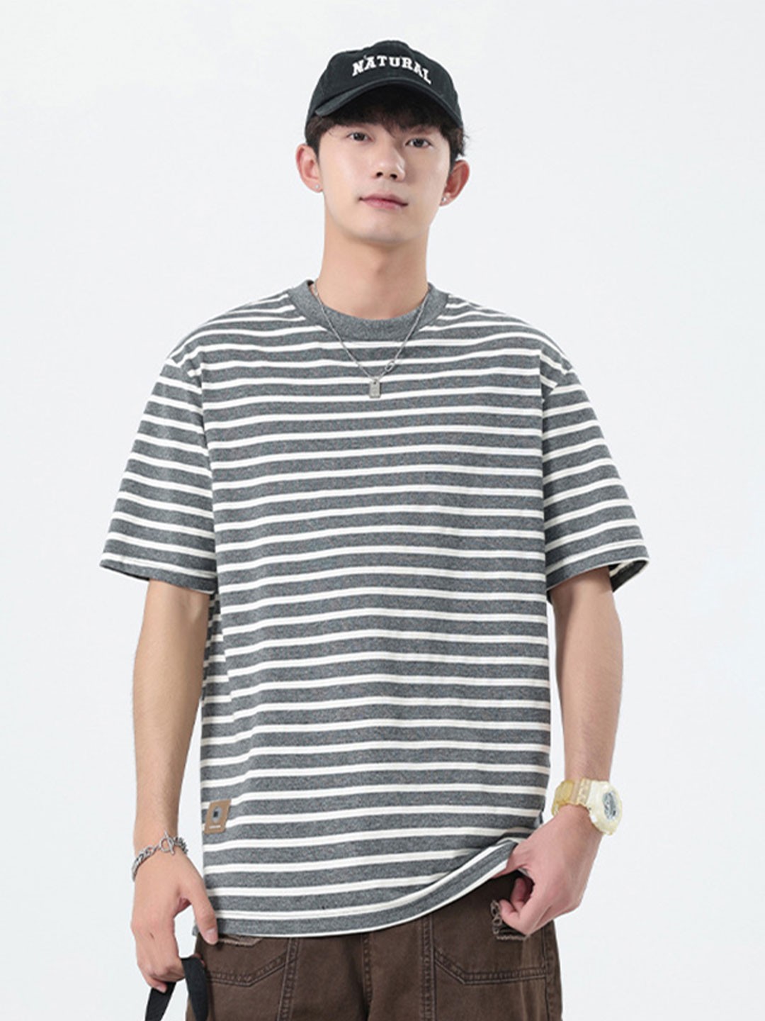 

StyleCast x Revolte Men Striped Round Neck Cotton Relaxed Fit T-shirt, Grey