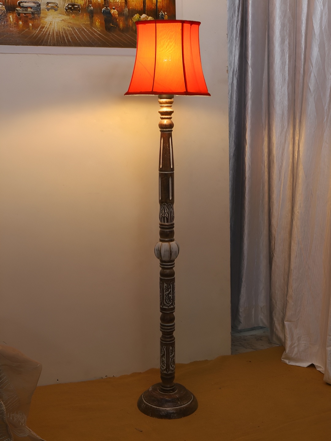 

Devansh Orange Colored & Brown Conical Open Snake Wooden Floor Lamp