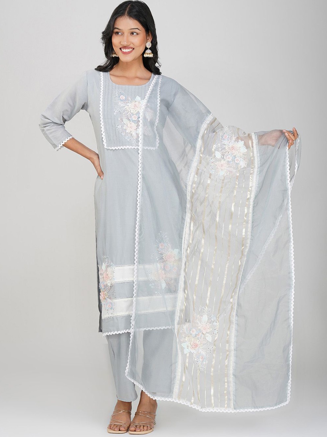 

Charitra Women Floral Embroidered Regular Sequinned Pure Silk Kurta with Trousers & With Dupatta, Grey