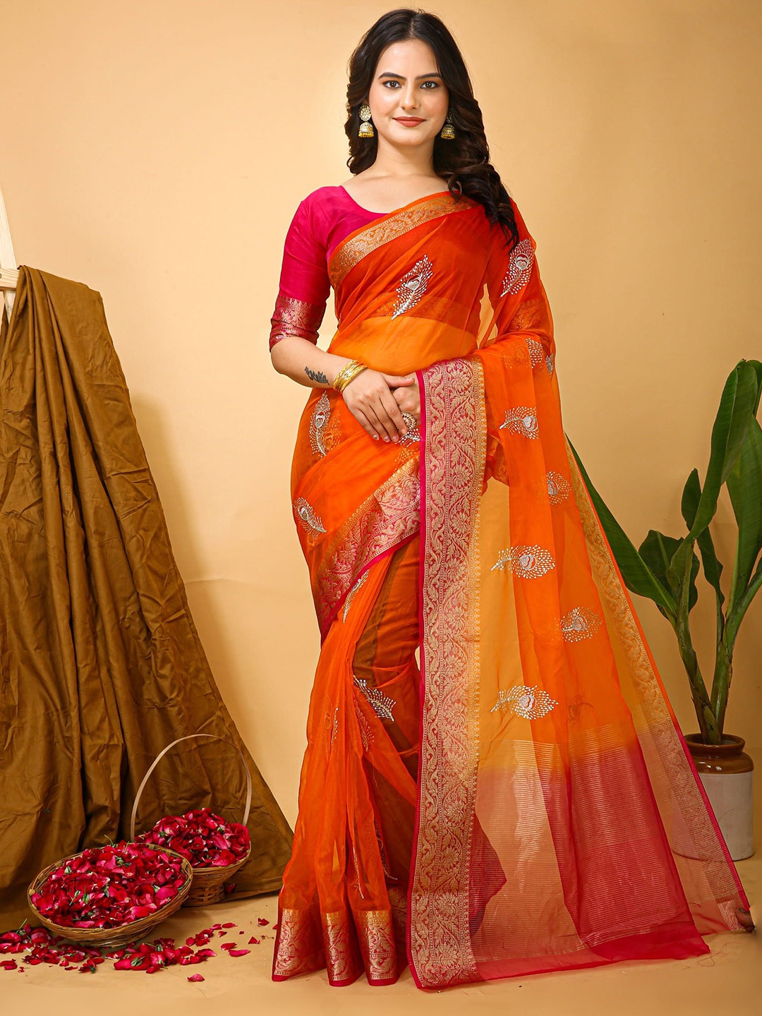 

Mitera Ethnic Motifs Zari Art Silk Banarasi Saree, Orange