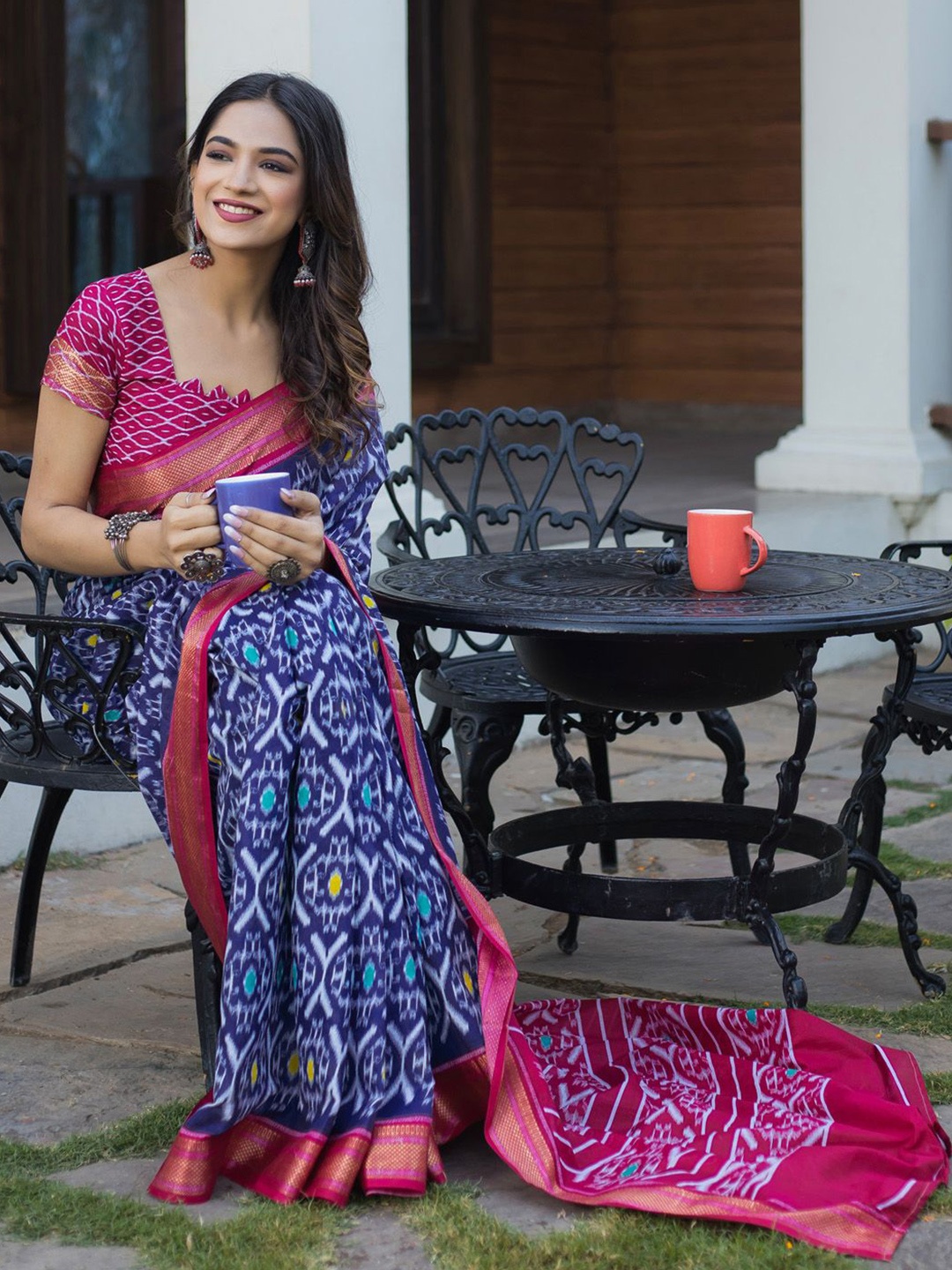 

KALINI Ethnic Motifs Zari Ikat Saree, Navy blue