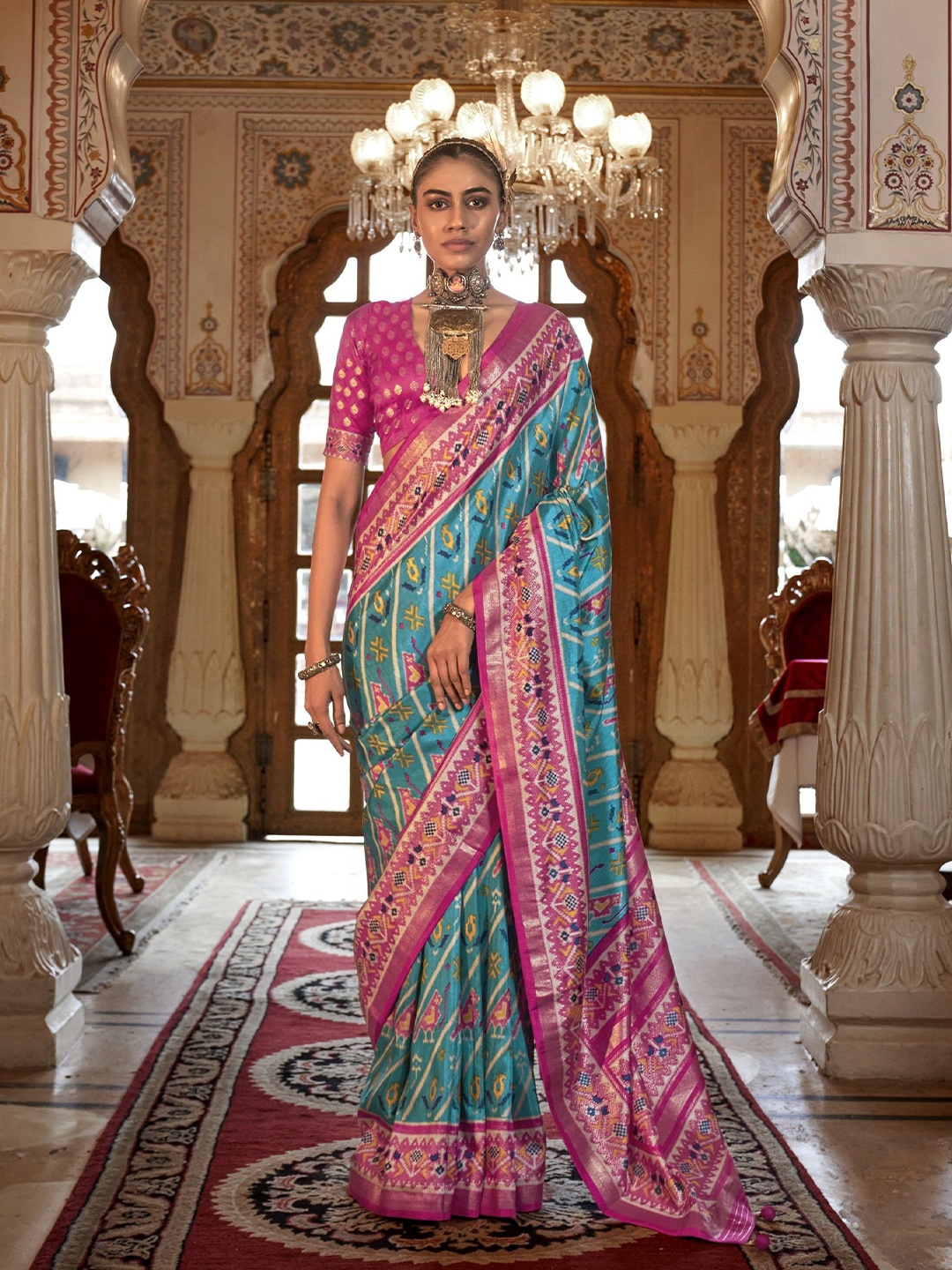 

MAHALASA Ethnic Motifs Pure Silk Patola Saree, Turquoise blue