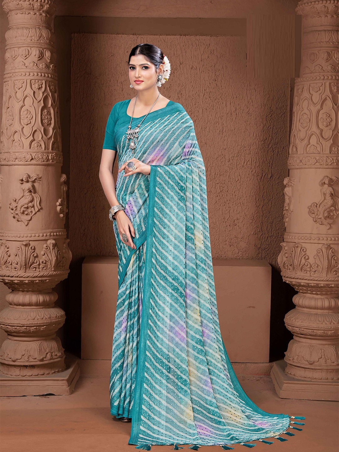 

MAHALASA Striped Pure Chiffon Designer Saree, Turquoise blue