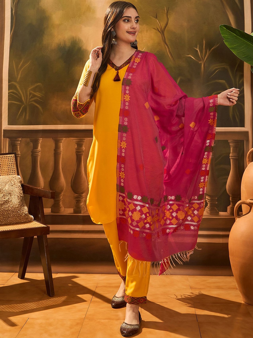 

Sangria V-Neck Straight Kurta & Trousers With Dupatta, Yellow