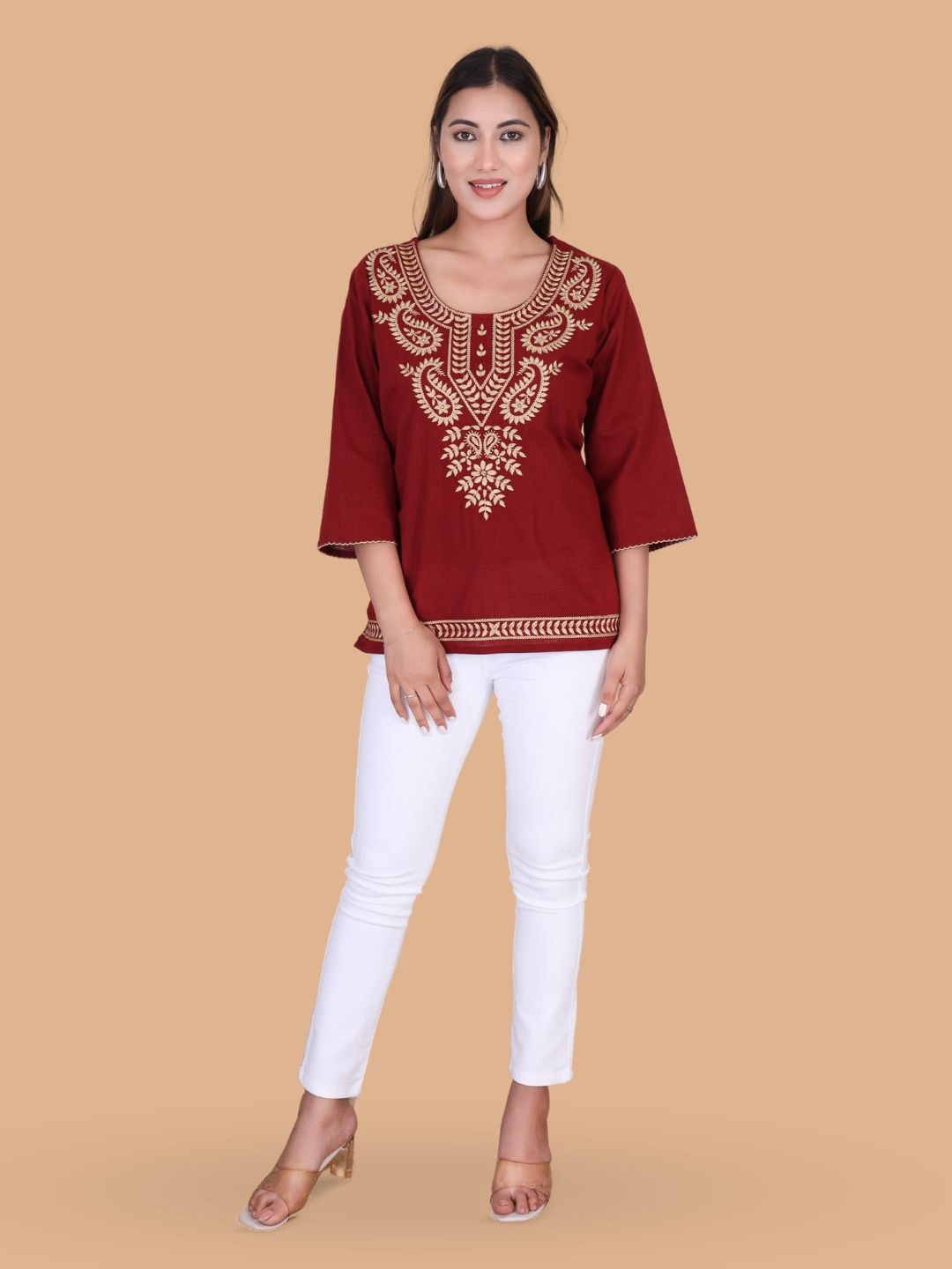 

Moda Rapido Floral Embroidered Flared Sleeves Pure Cotton Kurti, Maroon
