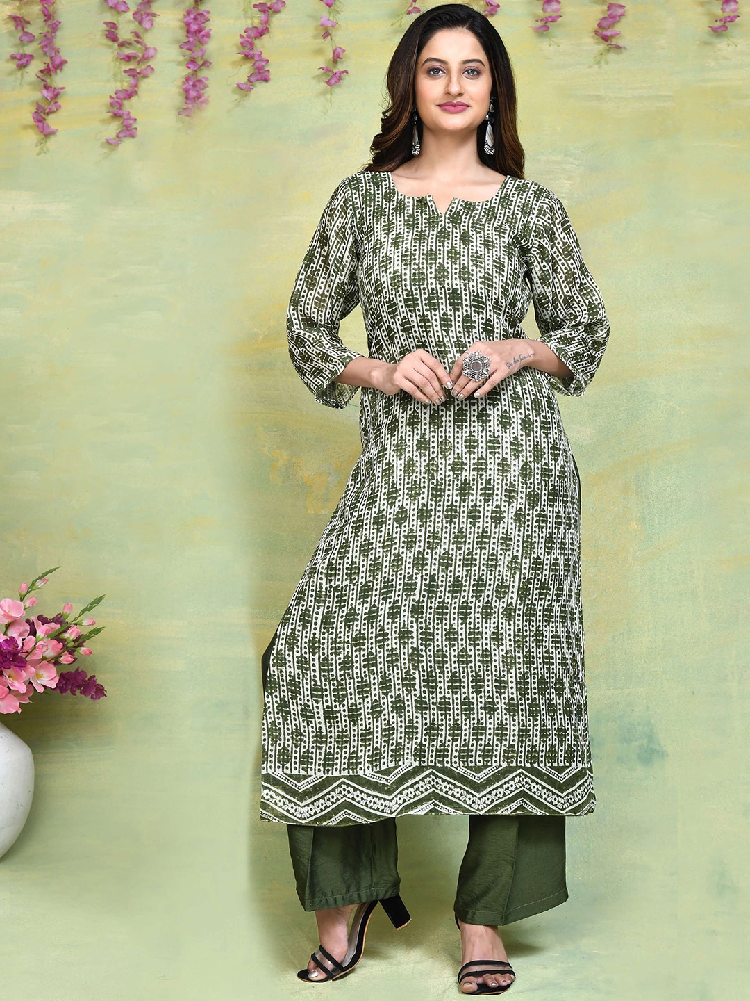 

THREAD SAGA Women Printed Regular Linen Kurti with Trousers, Olive
