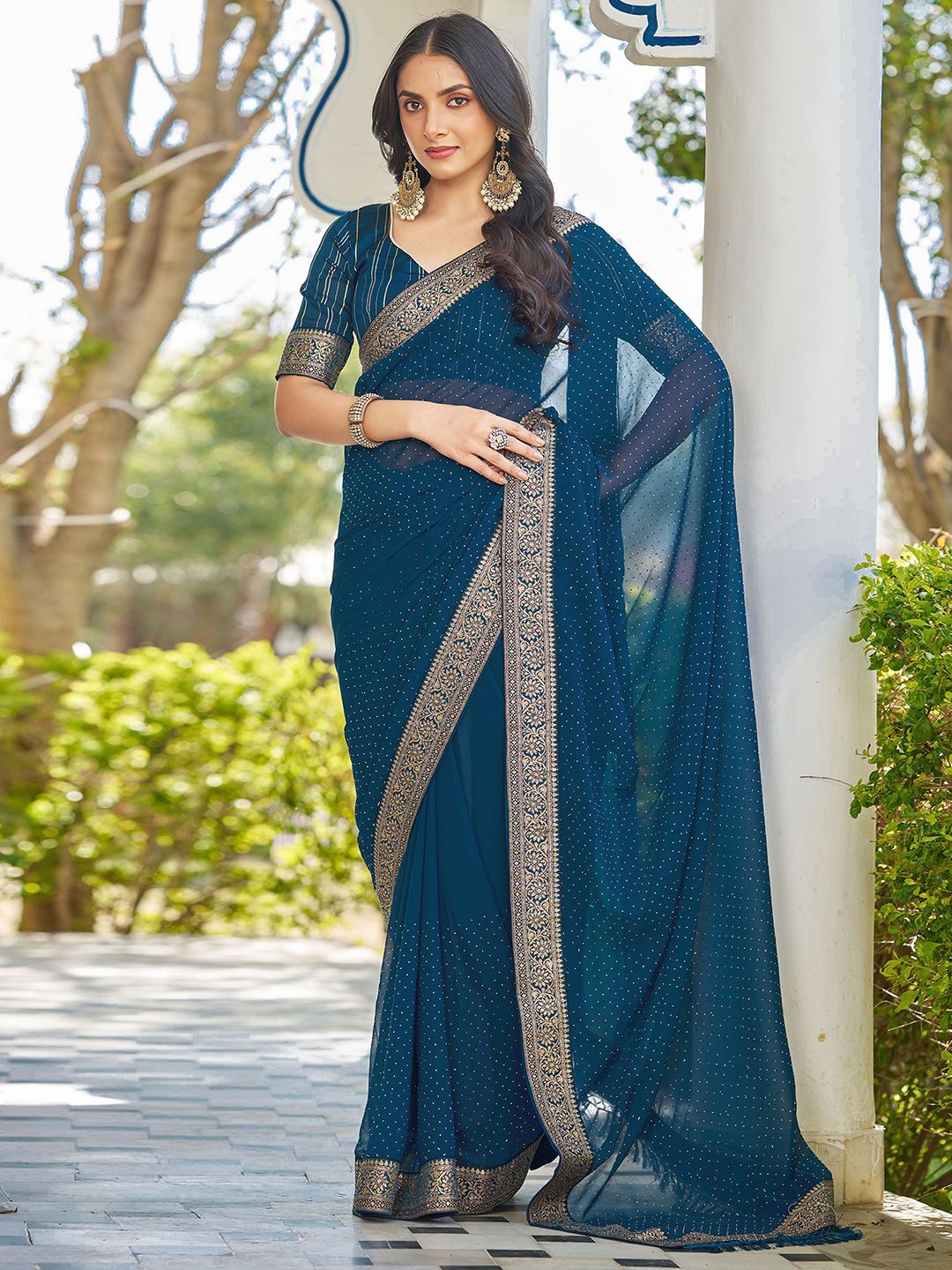 

all about you Embellished Zari Pure Georgette Paithani Saree, Blue