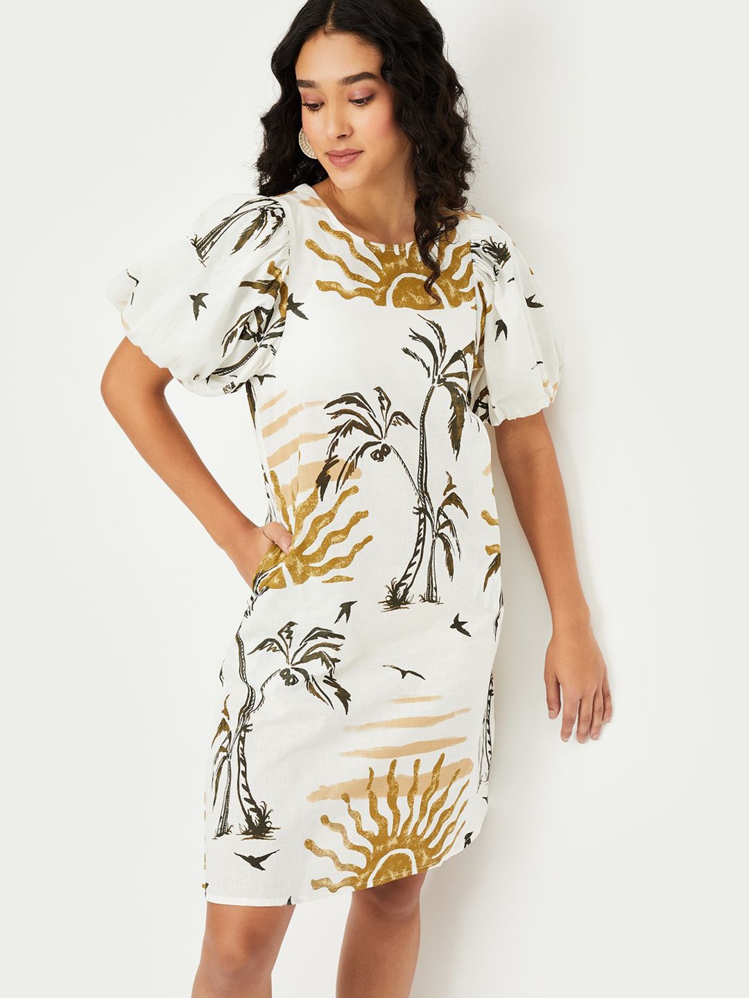 

max Tropical Print A-Line Dress, Yellow