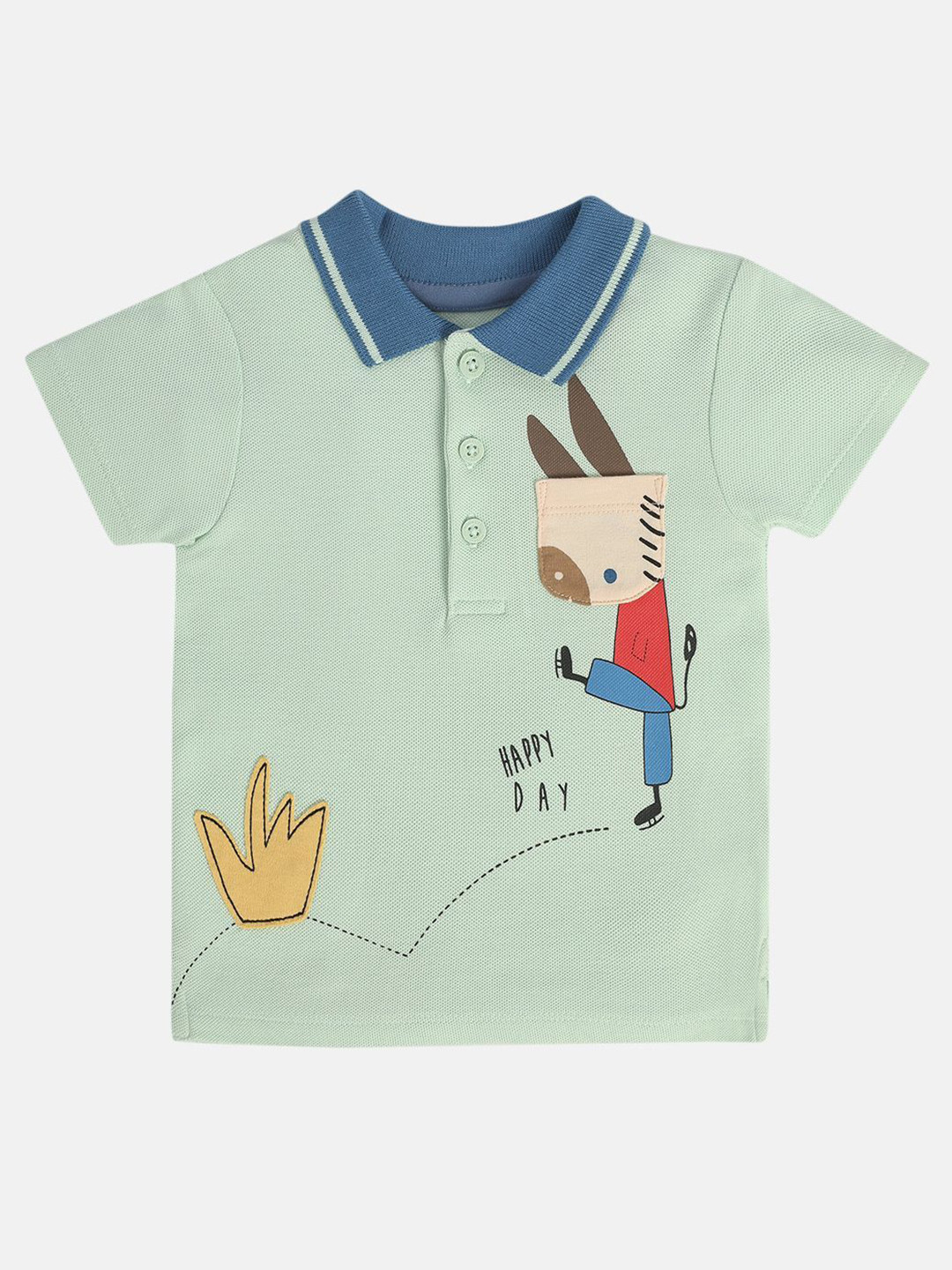 

MINI KLUB Boys Typography Printed Polo Collar Applique T-shirt, Green