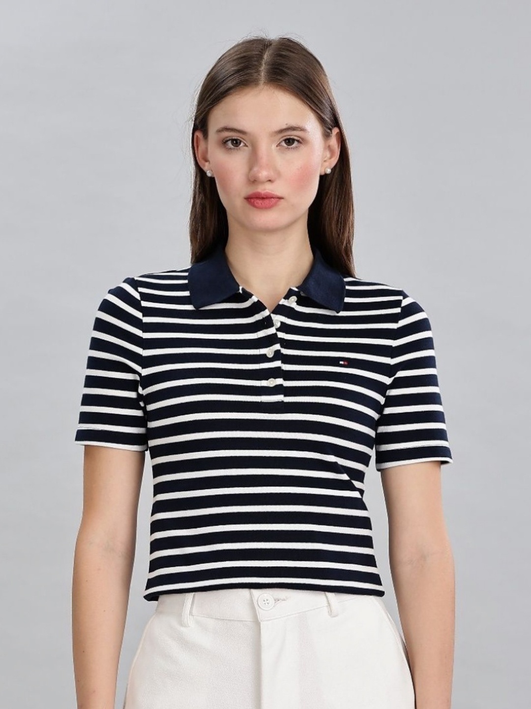 

Tommy Hilfiger Women Striped Polo Collar Organic Cotton Slim Fit T-shirt, Navy blue