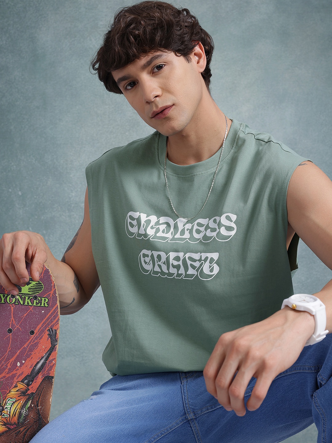 

Roadster Men Typography Printed Extended Sleeves Pure Cotton T-shirt, Green