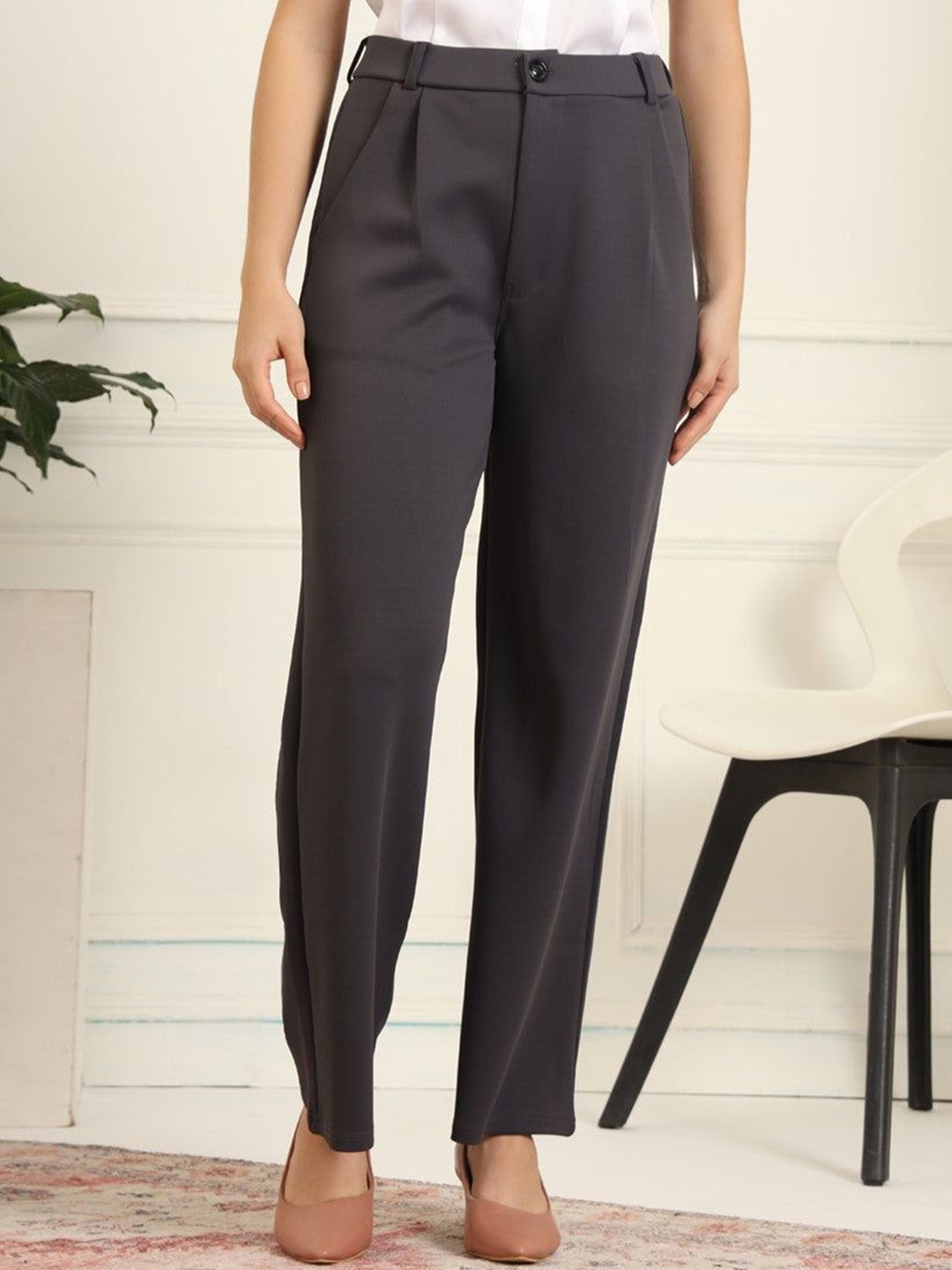 

IndianRang Women Relaxed Loose Fit High-Rise Wrinkle Free Trousers, Grey
