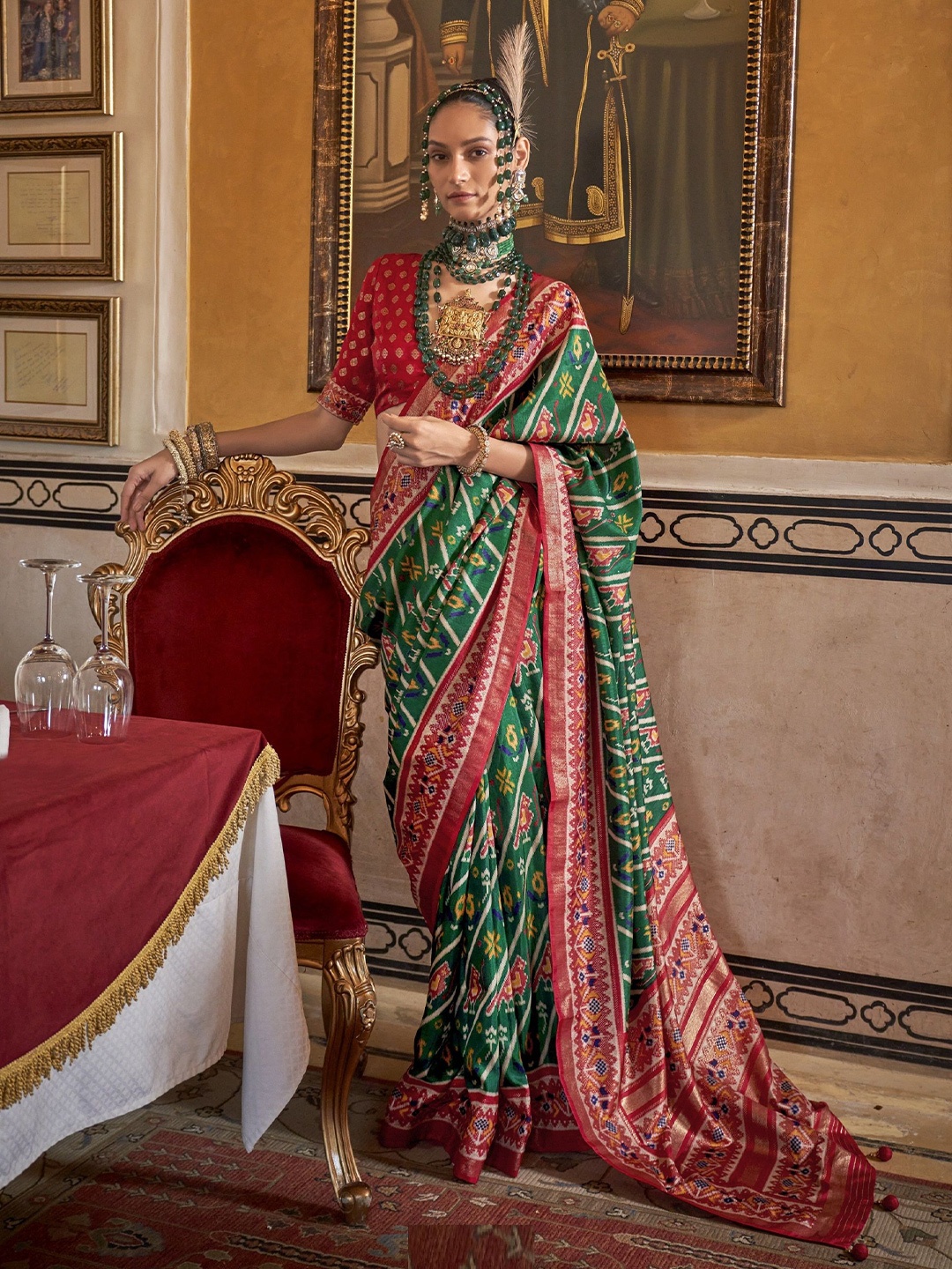 

MAHALASA Ethnic Motifs Pure Silk Patola Saree, Green