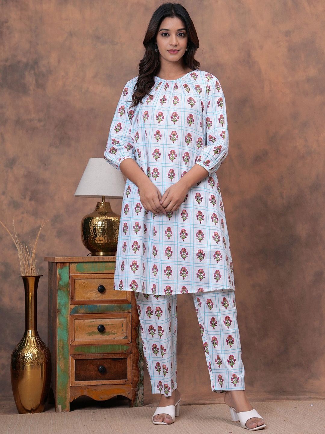 

Ka-mee Floral Printed Round Neck Pure Cotton Tunic With Trouser, White