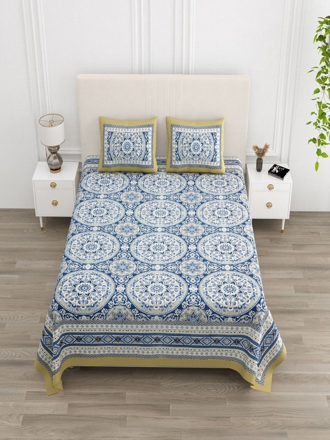 

tundwal's Blue & White Floral Printed 210 TC Cotton King Bedsheet Set 2.2 m x 2.74 m