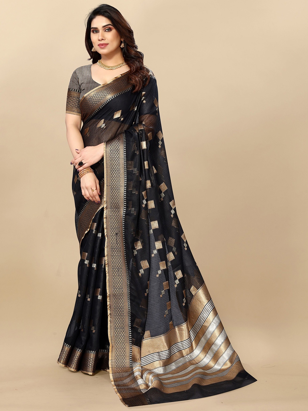 

Moda Rapido Woven Design Zari Designer Kota Saree, Black