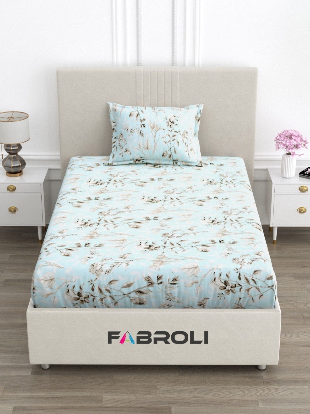 

FABROLI Blue Floral 300 TC Single Bedsheet with 1 Pillow Covers