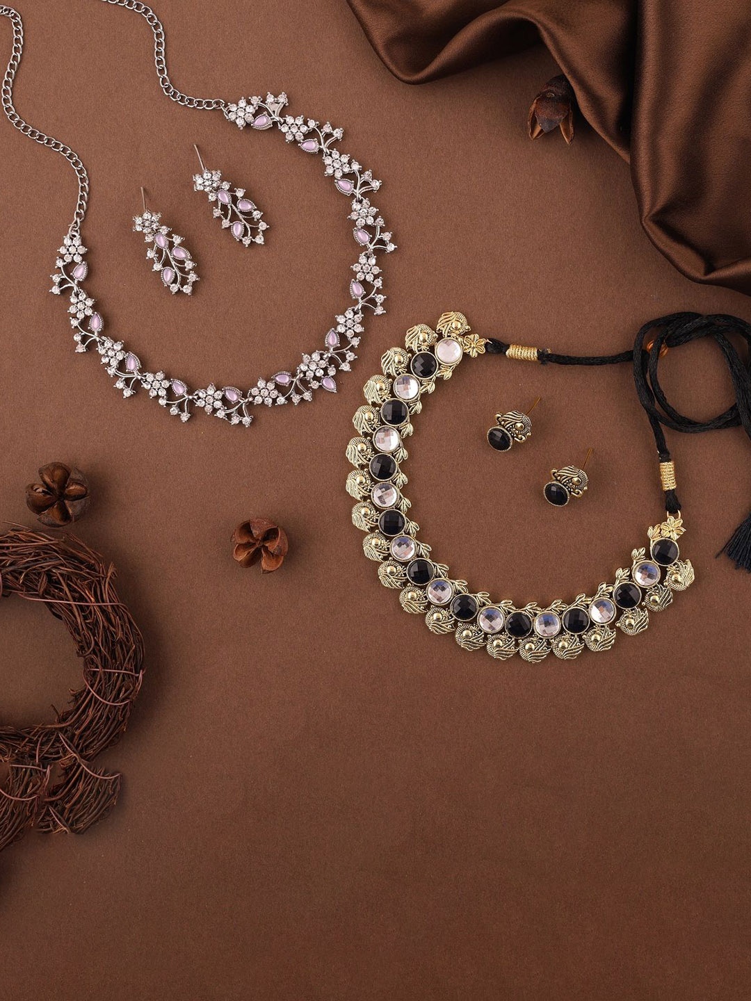 

Lyriss Set Of 2 Gold & Silver Plated American Diamond Stone Studded Jewellery Set