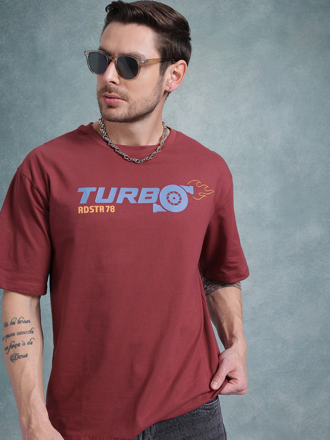 

The Roadster Life Co. Printed Pure Cotton Relaxed Fit T-shirt, Burgundy