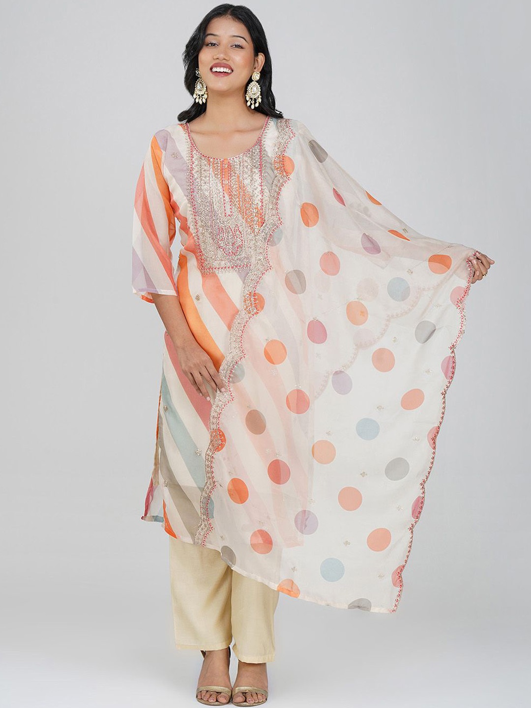 

Charitra Women Printed Regular Kurta with Trousers & With Dupatta, White