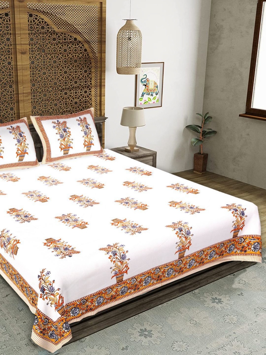 

Butea Crape White & Rust Floral Printed Cotton 180TC King Bedsheet Set-1.70m x 2.36m