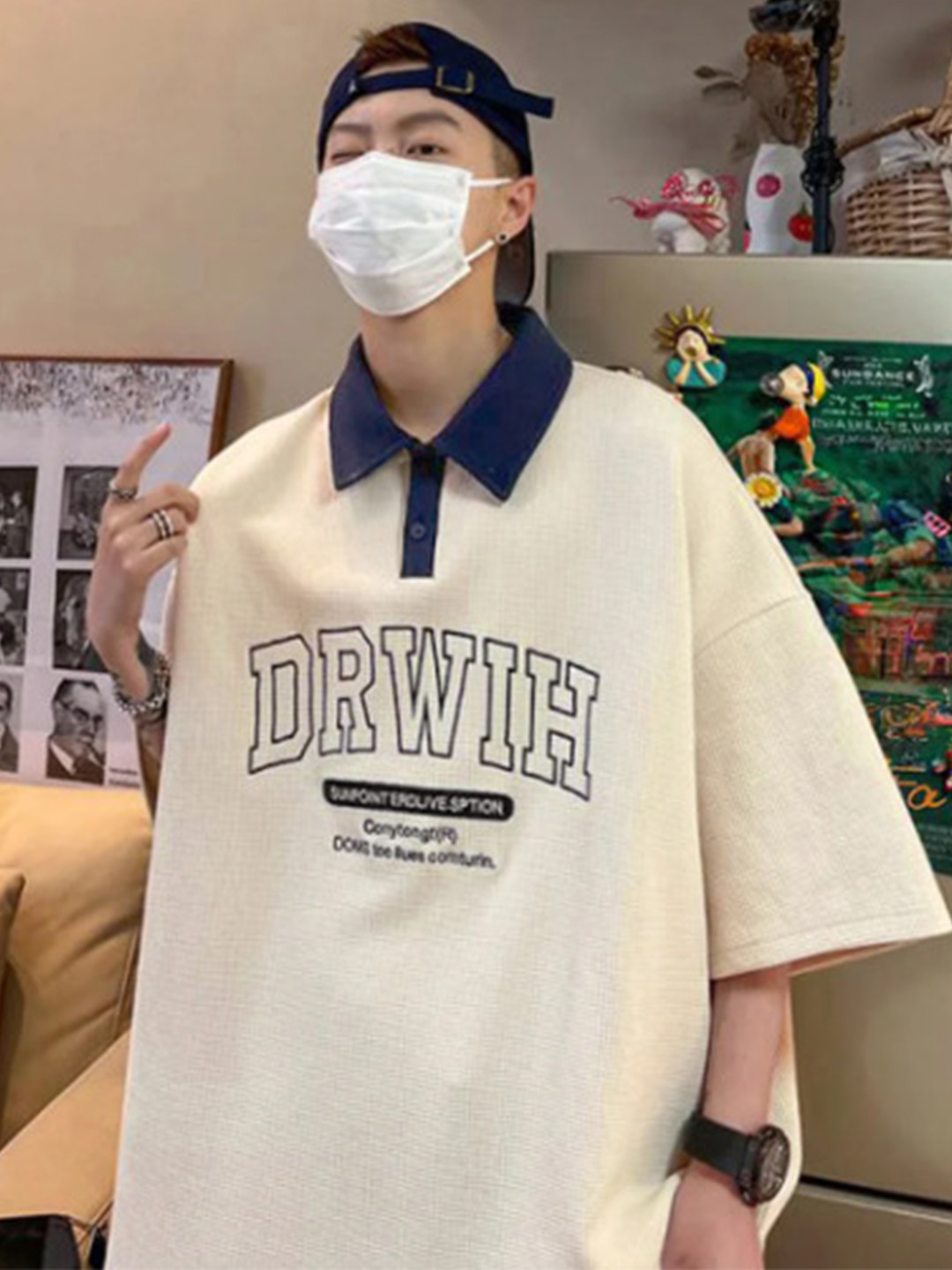 

AVEJO Men Polo Collar Extended Sleeves Pure Cotton Applique T-shirt, Beige