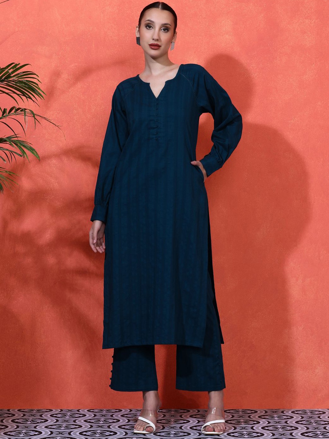

Sangria Striped Self Design Pure Cotton Kurta & Trousers Set, Navy blue