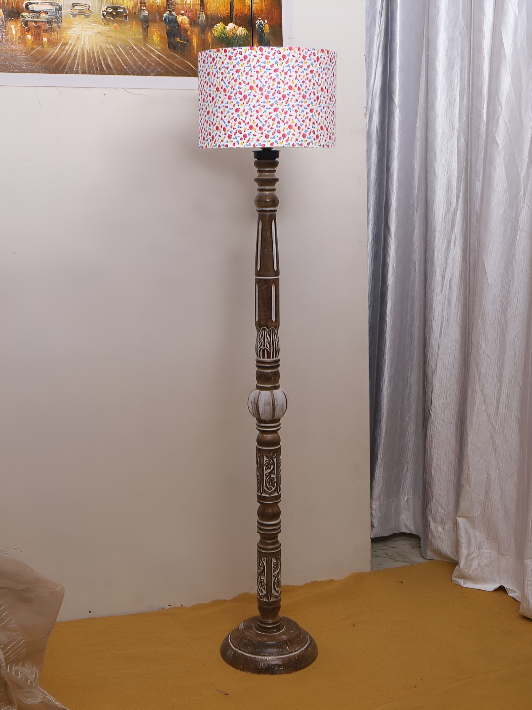 

Devansh White Printed Cotton Drum Wooden Floor Lamp